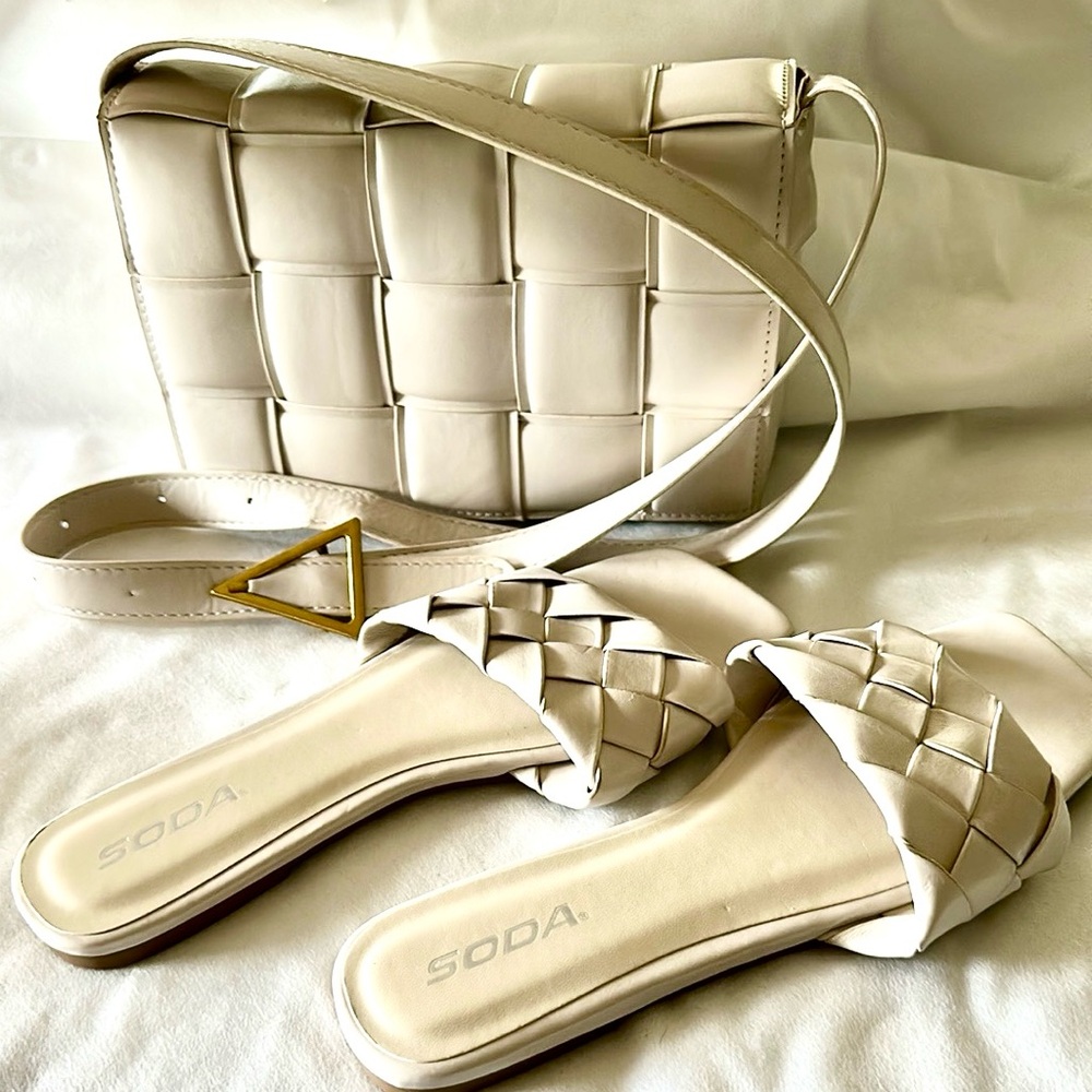 Cream Woven Sandals with matching purse
